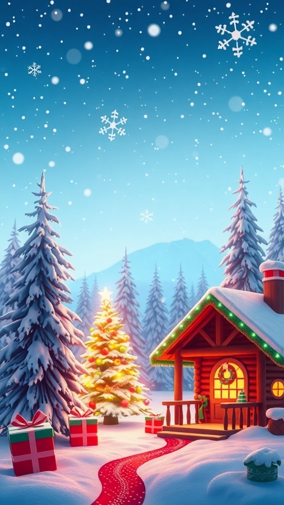 Christmas-themed Zepeto background with snow-covered trees, a decorated tree, and a cozy cabin.